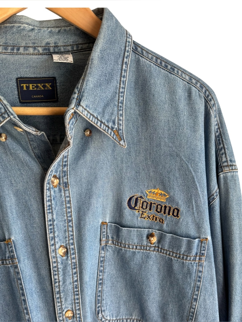 Corona Extra Embroidered Denim Button Down Shirt XL Blue Workwear Beer Western